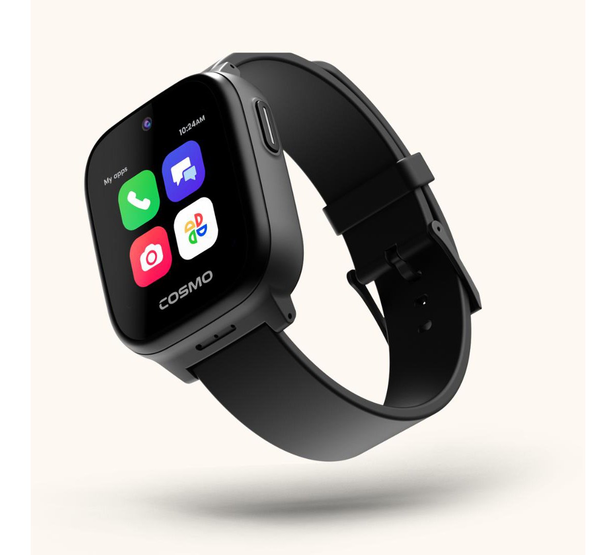 COSMO JrTrack 5 app screen with phone, messaging, and other kid-friendly apps