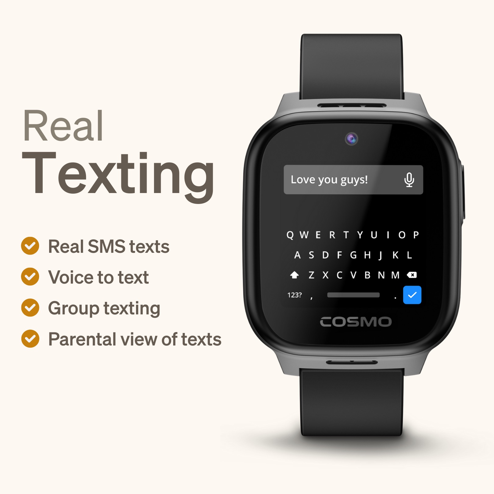 COSMO JrTrack 5 family chat and QWERTY keyboard for messaging